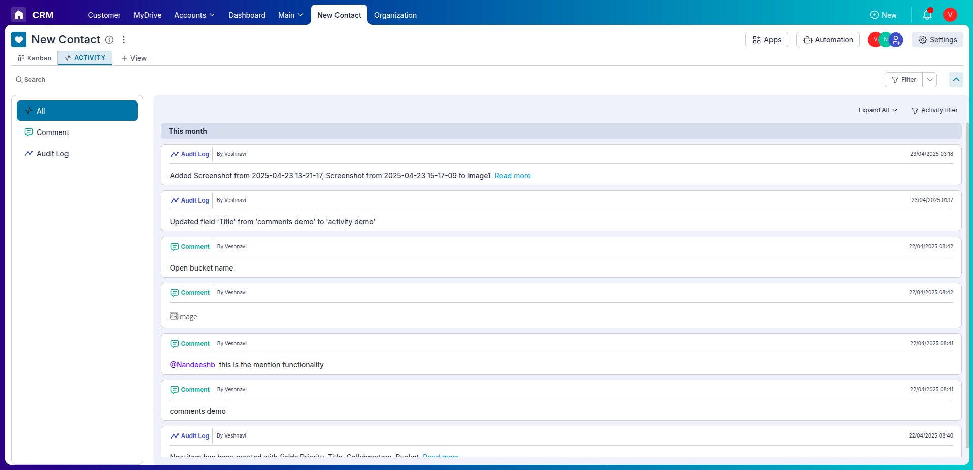 View activities across the board.