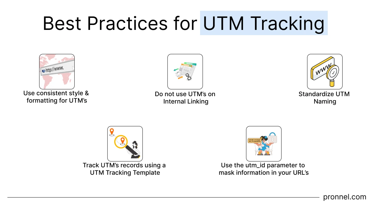 UTM Tracking Best practice. Consistent Style Formatting. No Internal Linking. Standardize nomenclature. Use a UTM Tracker software. Utm_id