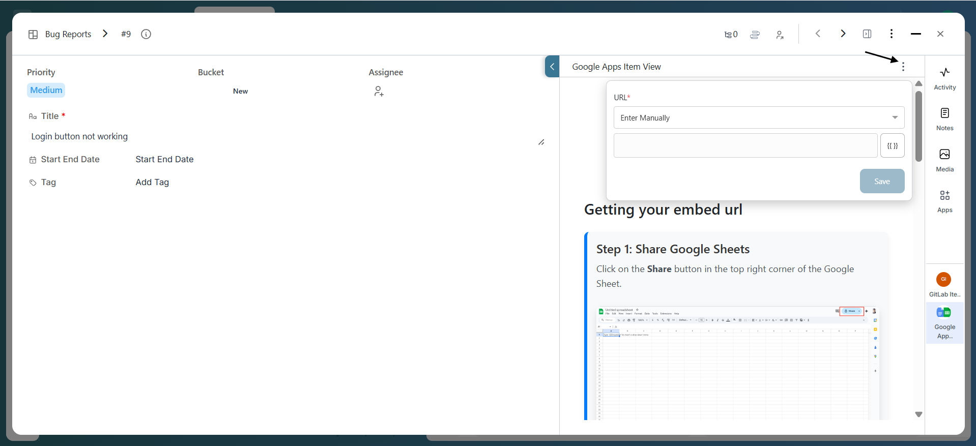 Configuring Google Sheet Inside Item