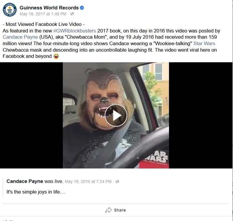 Facebook Live Video example. Maximum Views. Guiness Word Record 159 million views. Chewbacca Mom Candace Payne. Can have 10X engagement of normal videos.