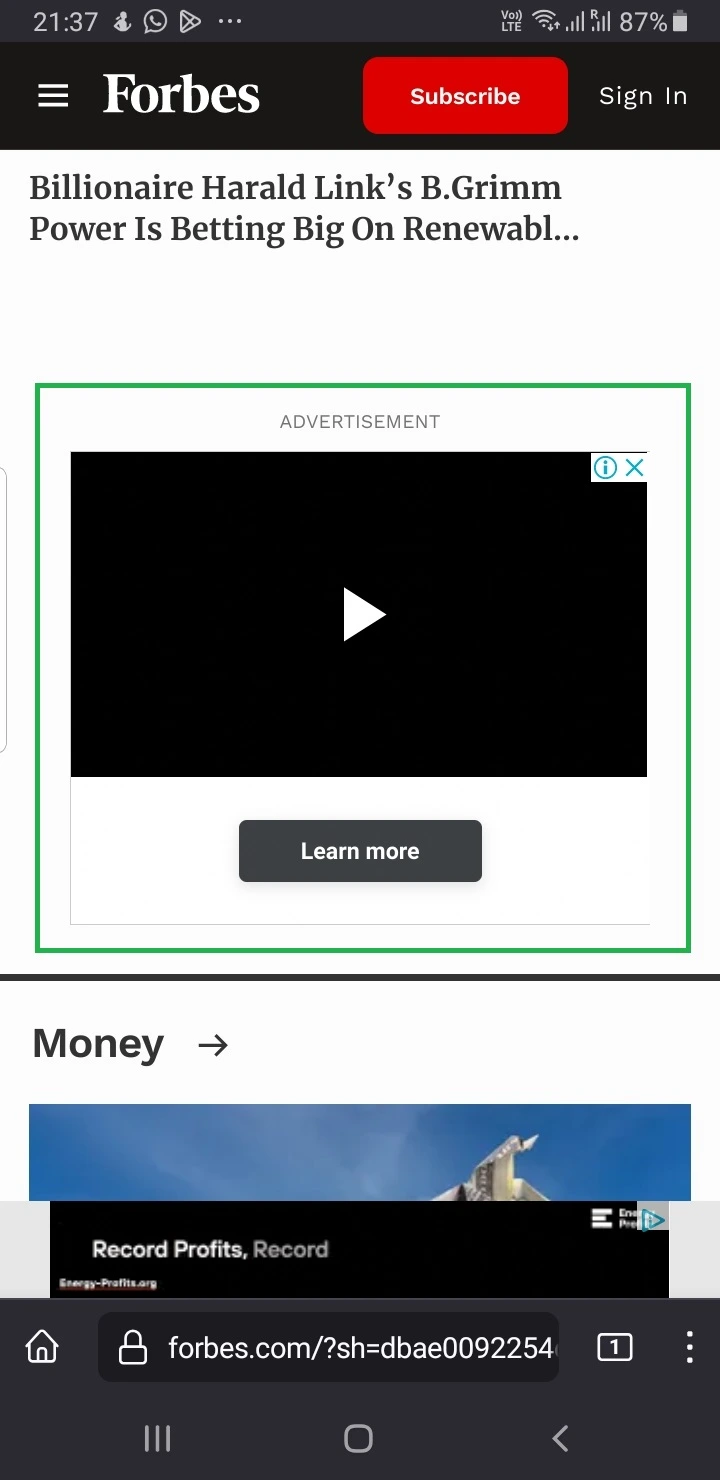 Mobile only Google Video Campaign Outstream Ad on Google Video Partner Forbes