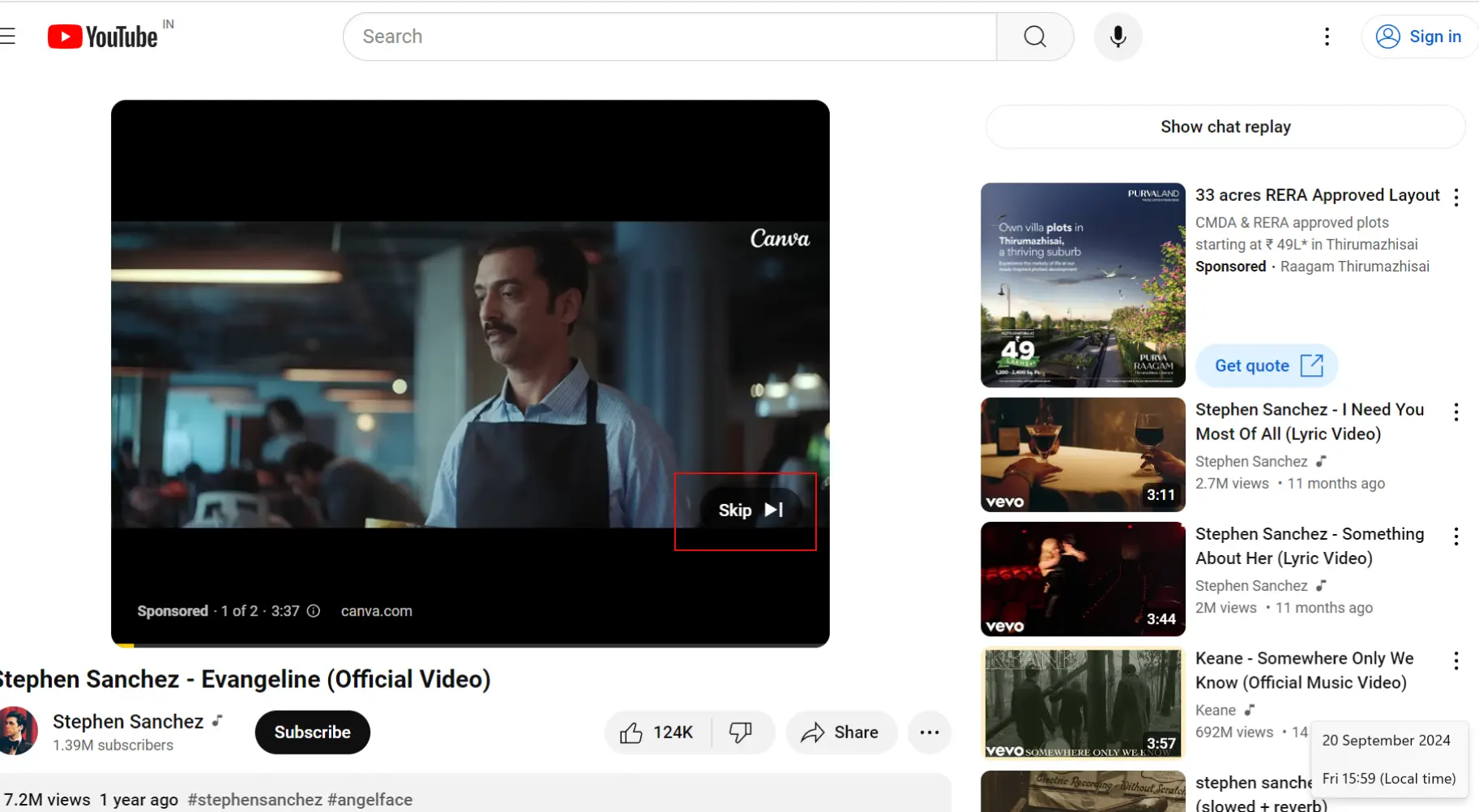 Example of Google Video Campaign for Instream Skippable Video Ad. Users can skip after 5 secs.