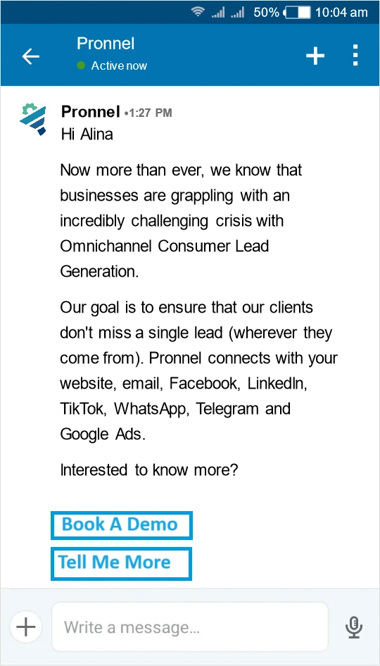 Example of LinkedIn Sponsored Conversation Ad with multiple CTA options