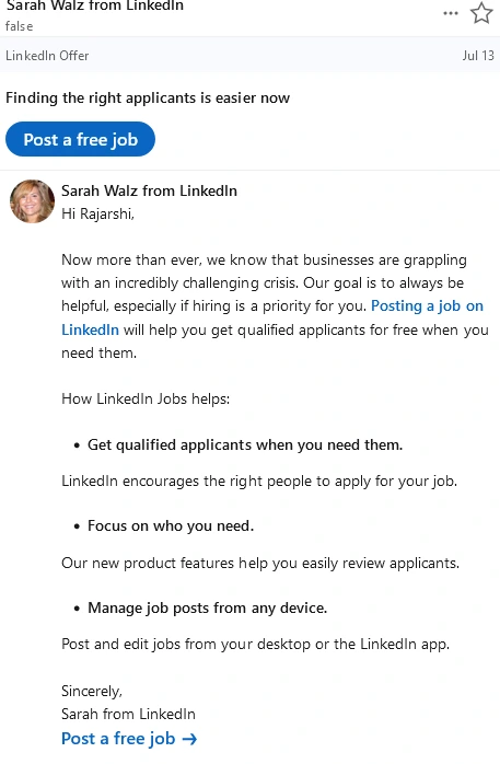 Example of LinkedIn Sponsored Message Ads