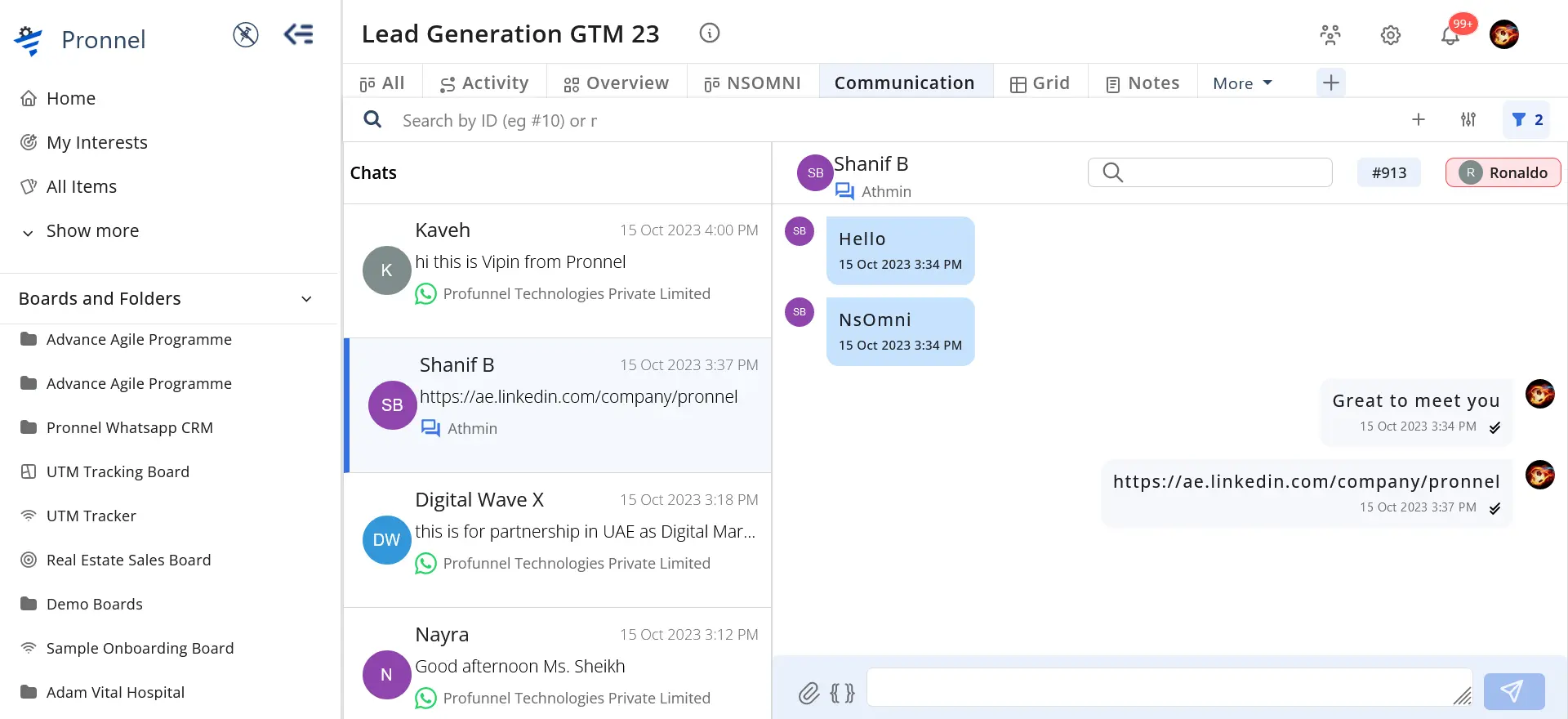 Communications View in Pronnel. Connect all your chat channels to your CRM- Google Business Chat, WhatsApp, Facebook Messenger, Instagram, Viber, Telegram, Line, Signal.