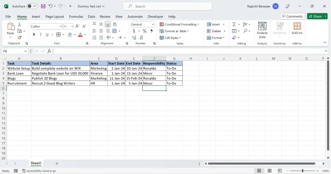 Task Management in Excel Sheets