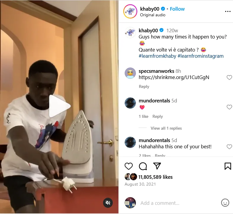 Instagram Reels can go viral. IG users love video, they are long form, they are open to all users and don’t have an expiration date. Best example Khaby Lame’s video with close to 12 million Likes.