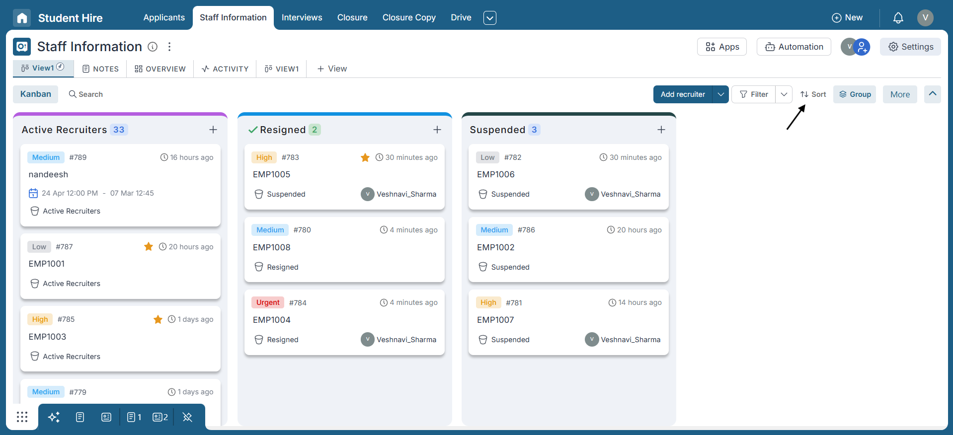 Using the sort feature to organize data in your preferred order.