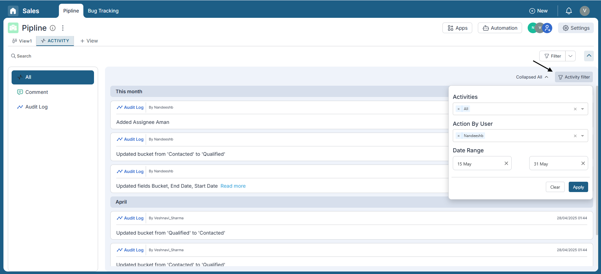 Using advanced filters in Pronnel's Activity View