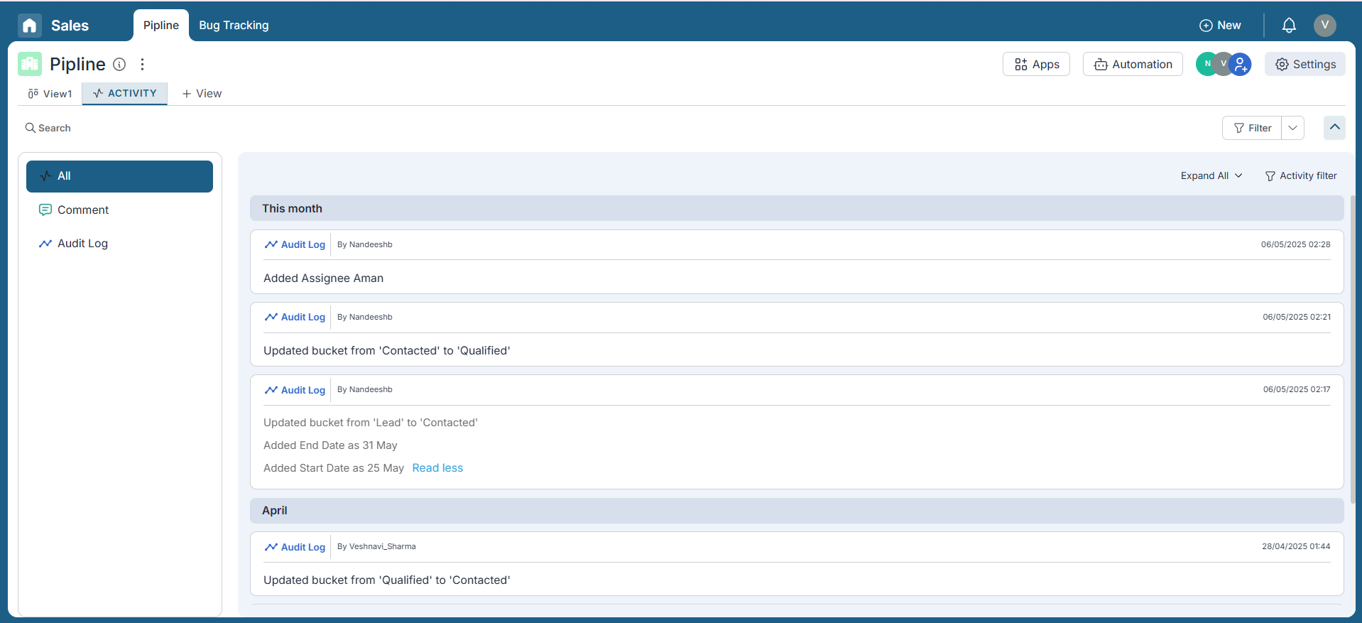 Activity logs in Pronnel's Activity View