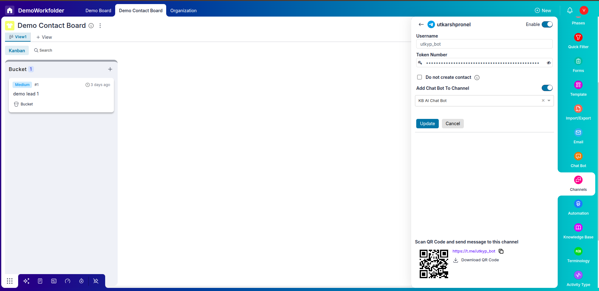 Click on connect button to complete the Telegram integration with Pronnel