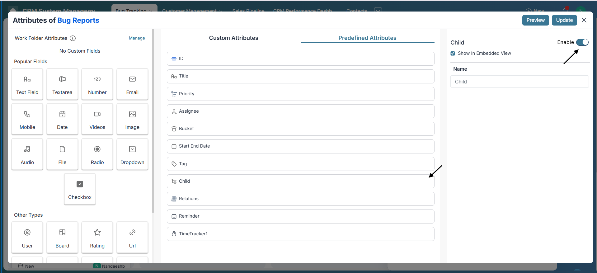 Enable child attribute in settings