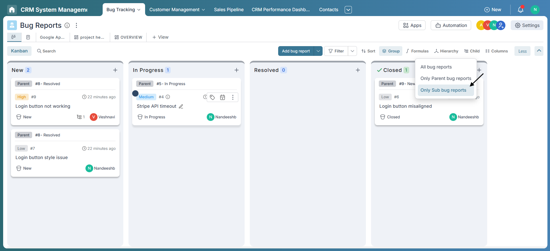 Filter options for hierarchy view