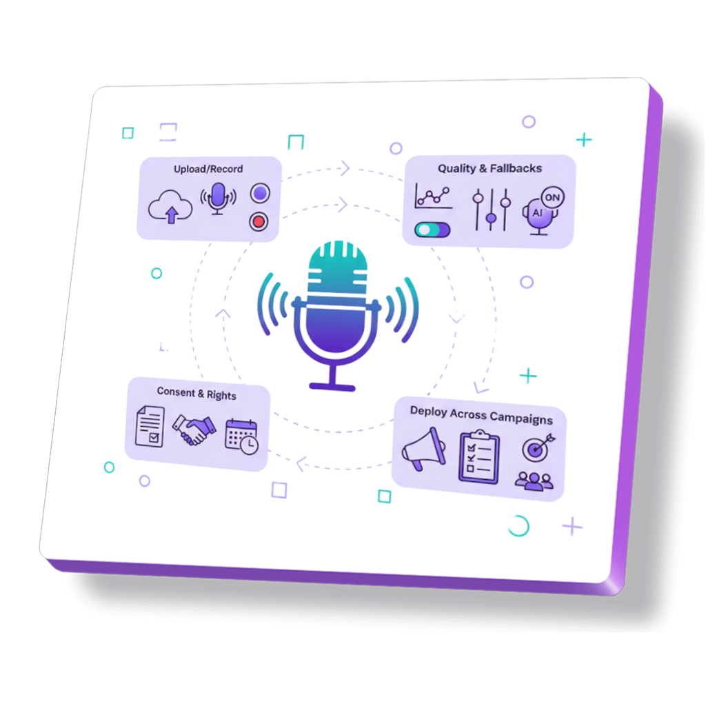 Custom brand voice with consent, quality checks, and controls.