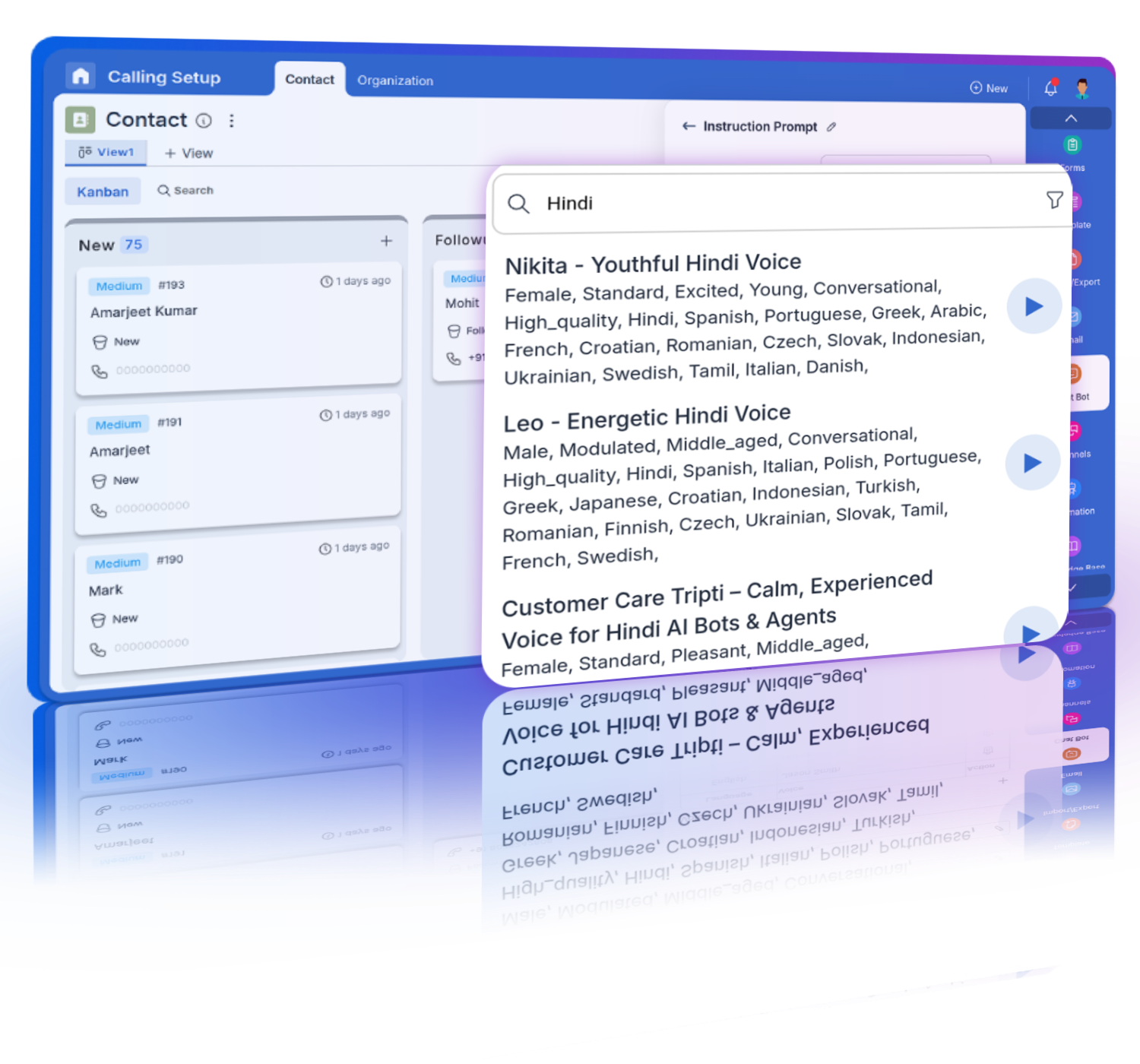 Voice selection, preview, and assignment to call flows.