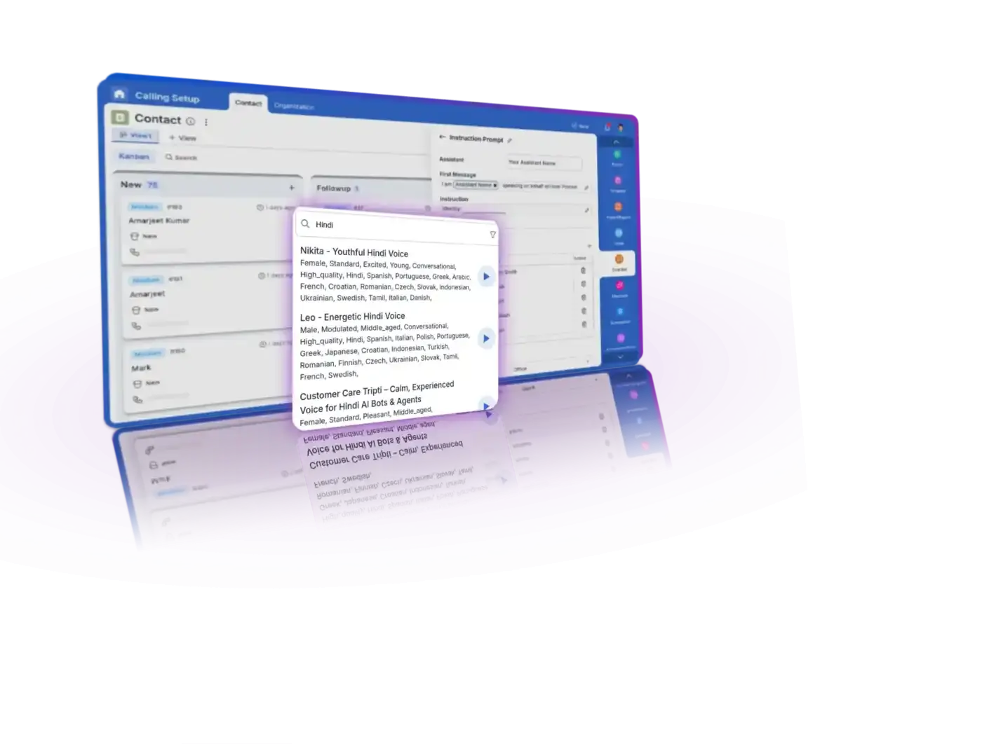 Voice selection, preview, and assignment to call flows.
