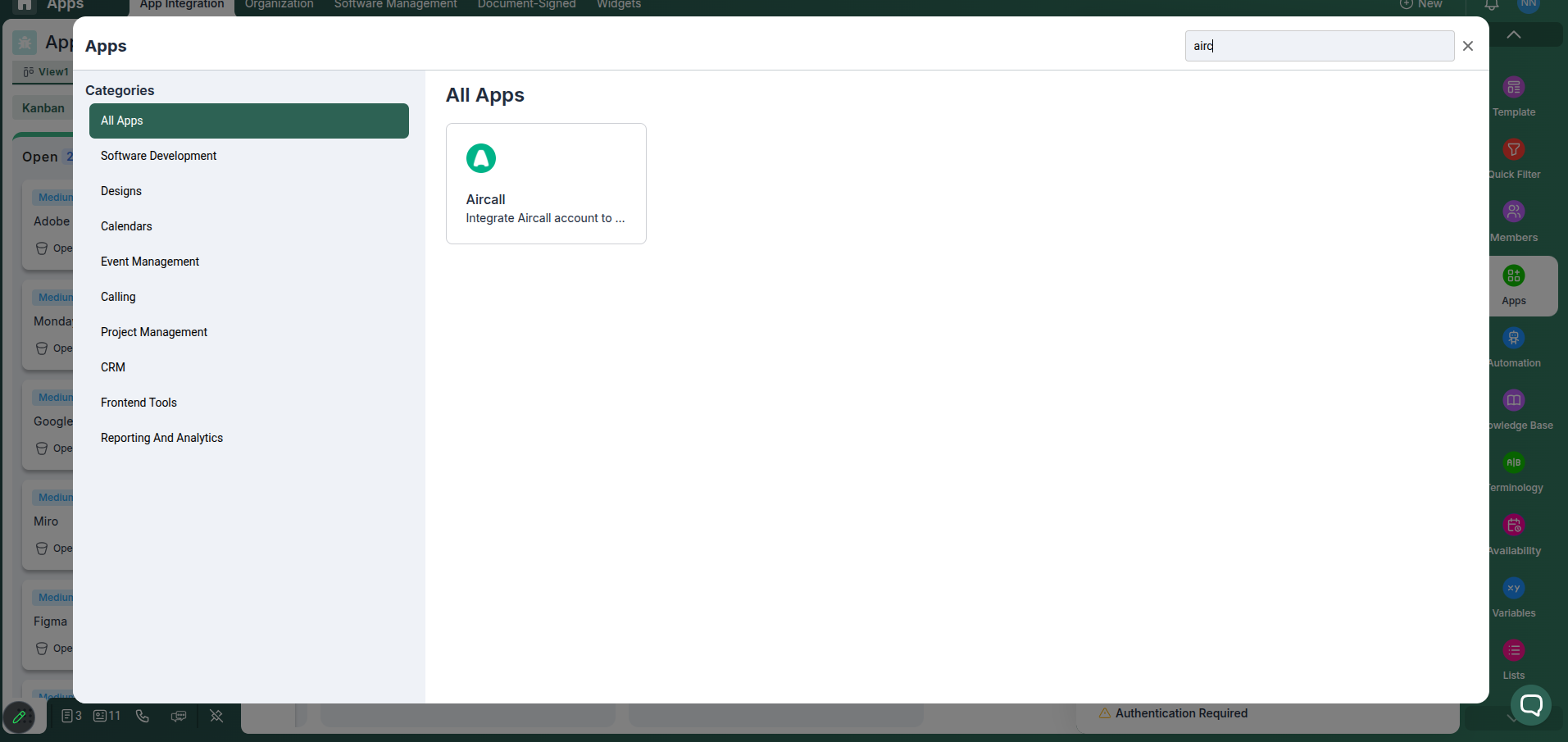 Aircall integration card