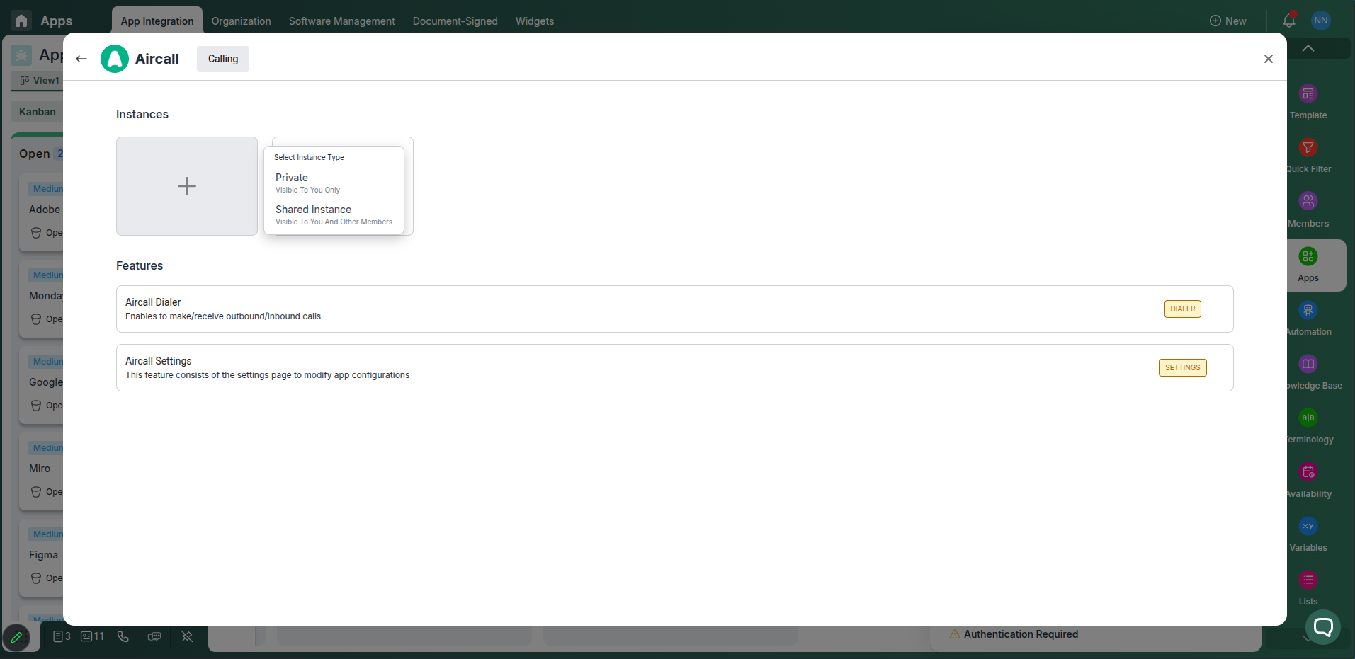 Aircall integration card