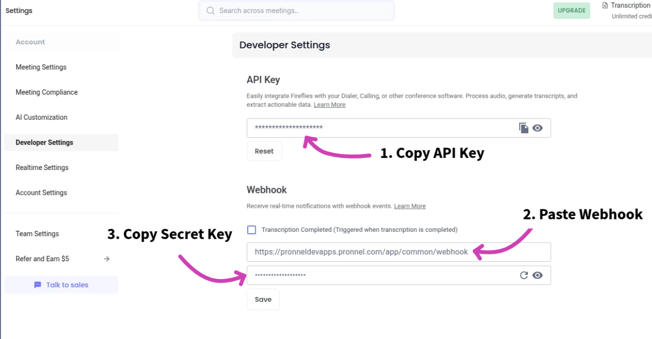 Copy key and paste Webhook