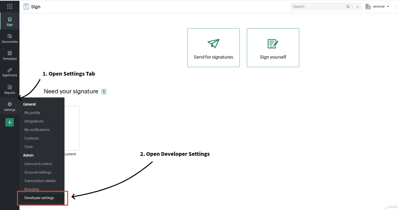 Navigate to API settings in SignWell