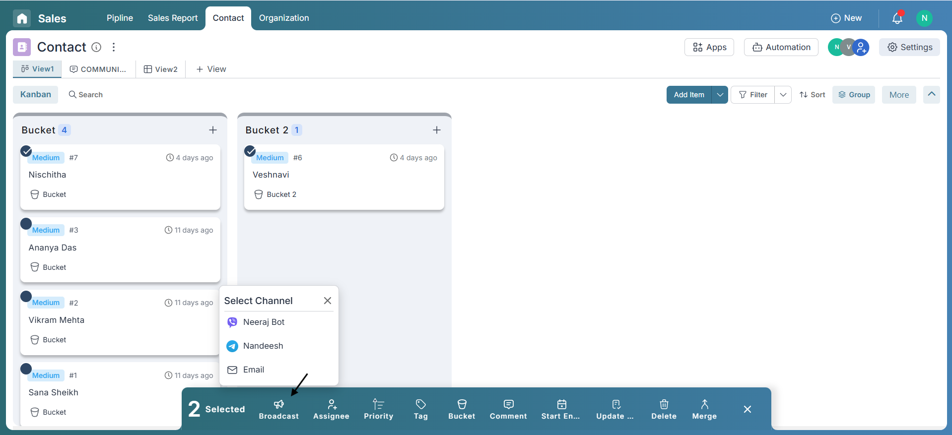 Selecting multiple contacts for broadcast in Pronnel