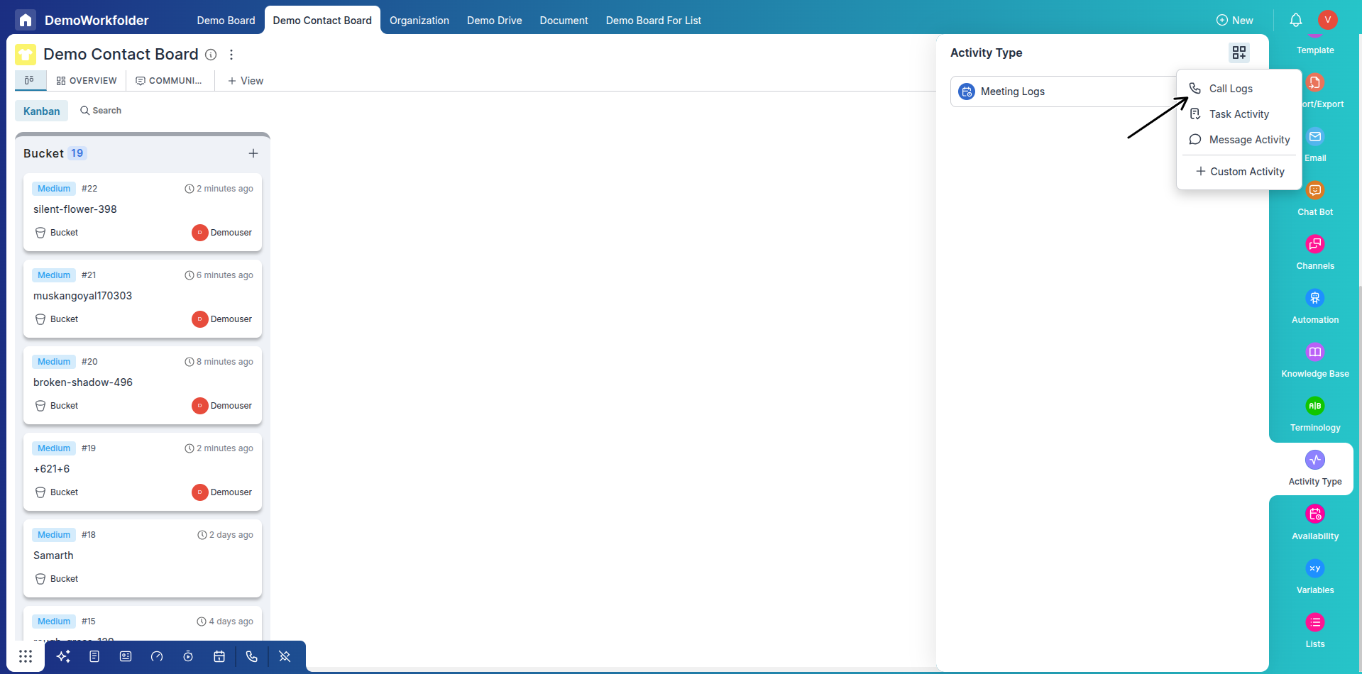 Call log activity type setup