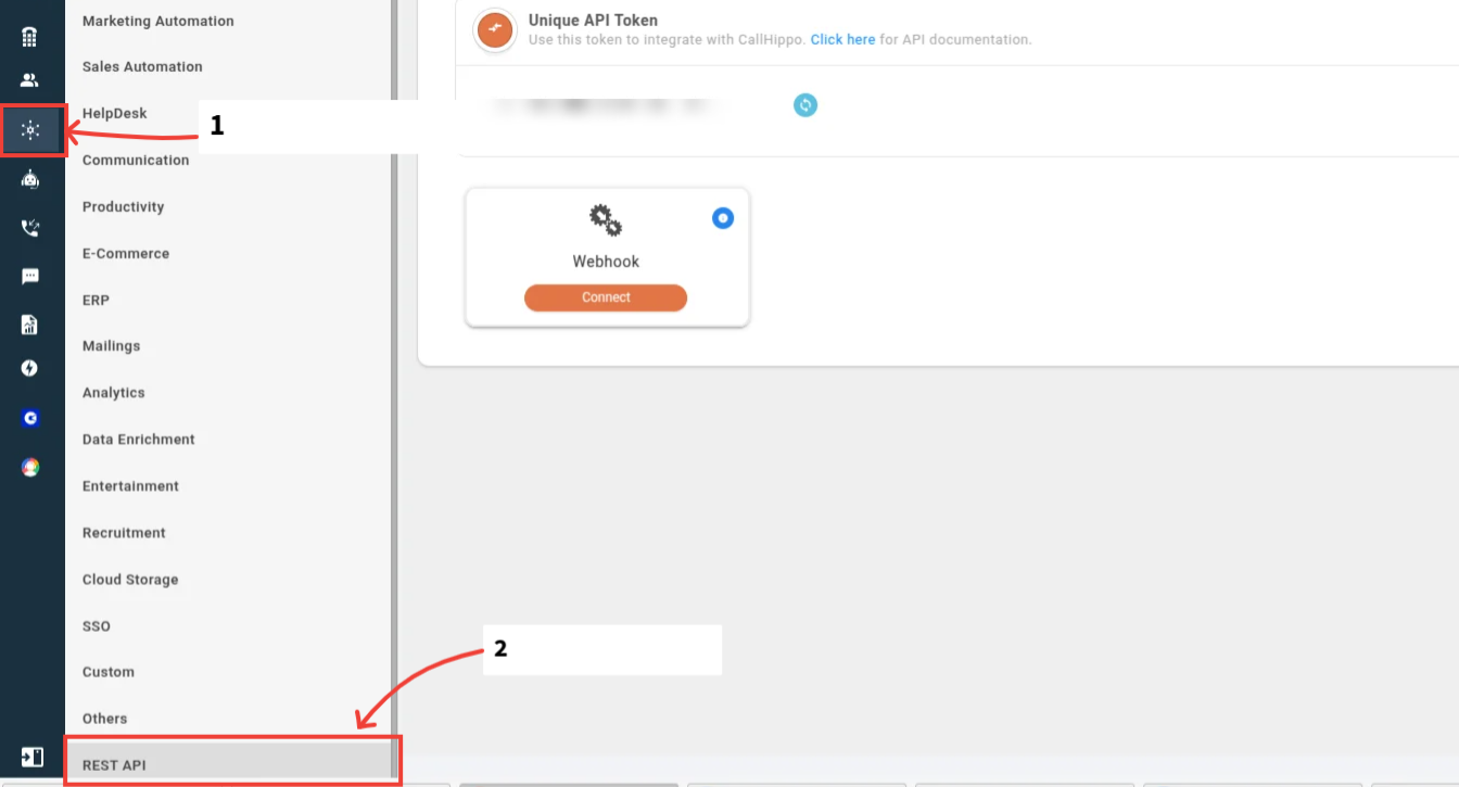 Navigating to CallHippo Rest API section