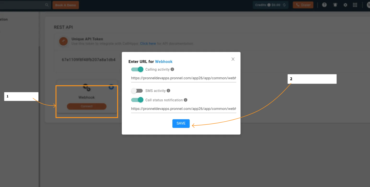 Enable and connect webhook in CallHippo