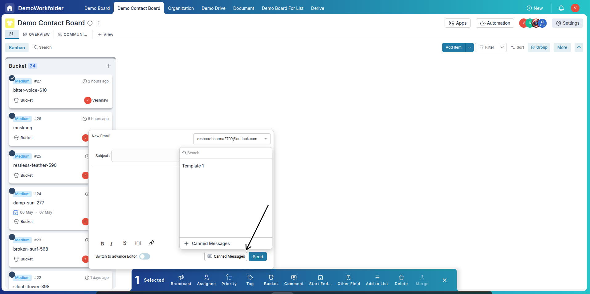 Use Canned Message in Broadcast Email via Multi-Select