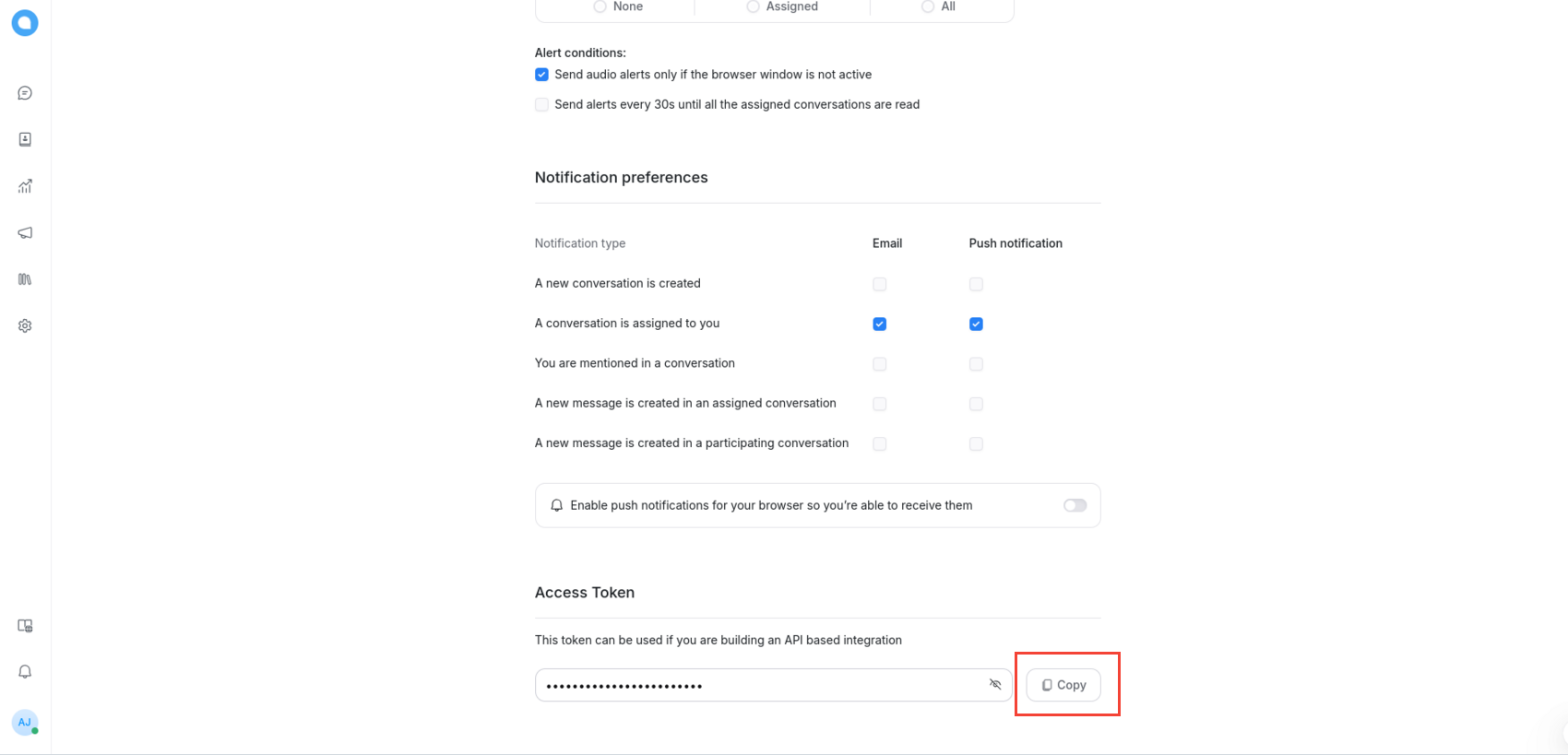 Copy access token from Chatwoot