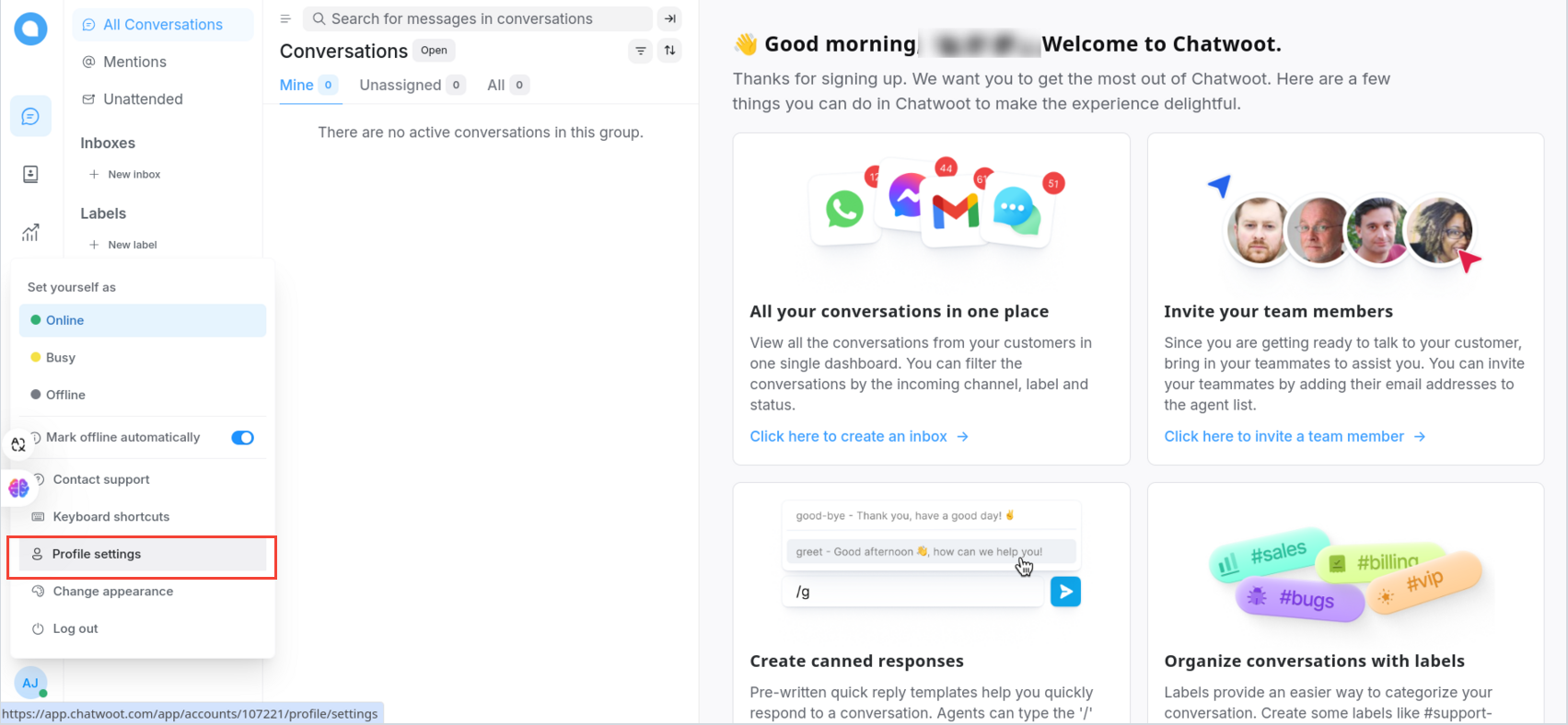 Accessing profile settings in Chatwoot
