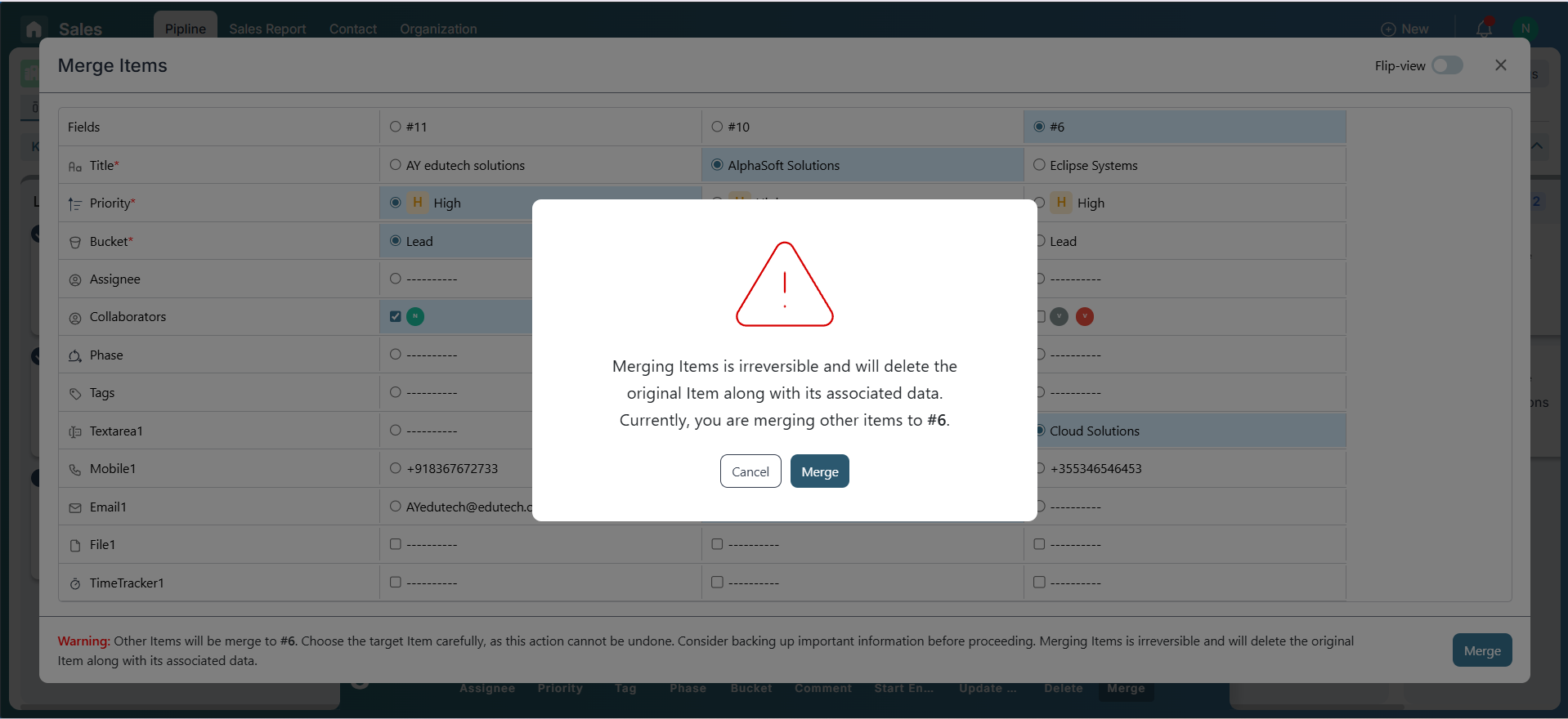 Merge confirmation popup in Pronnel