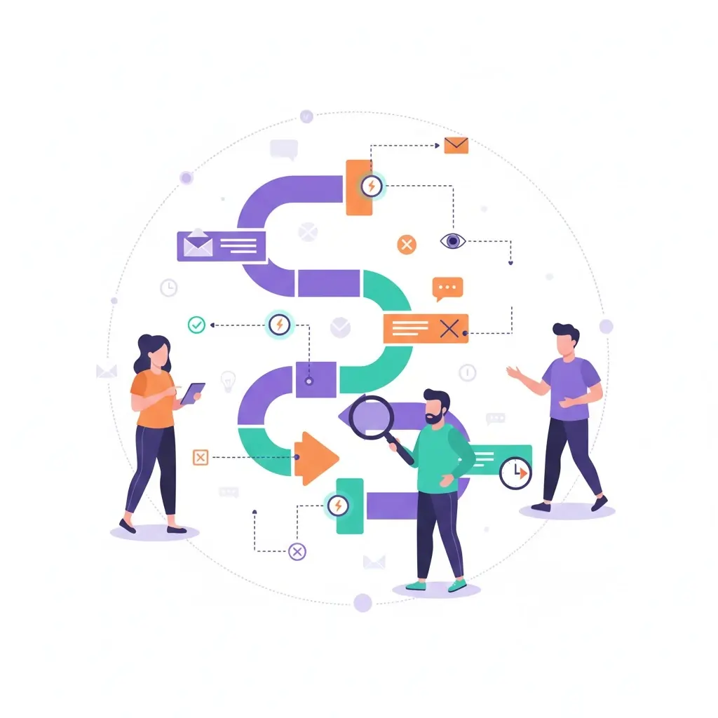 Journey builder screen for behaviour-based drip campaigns reacting to opens, clicks, replies, and non-opens.