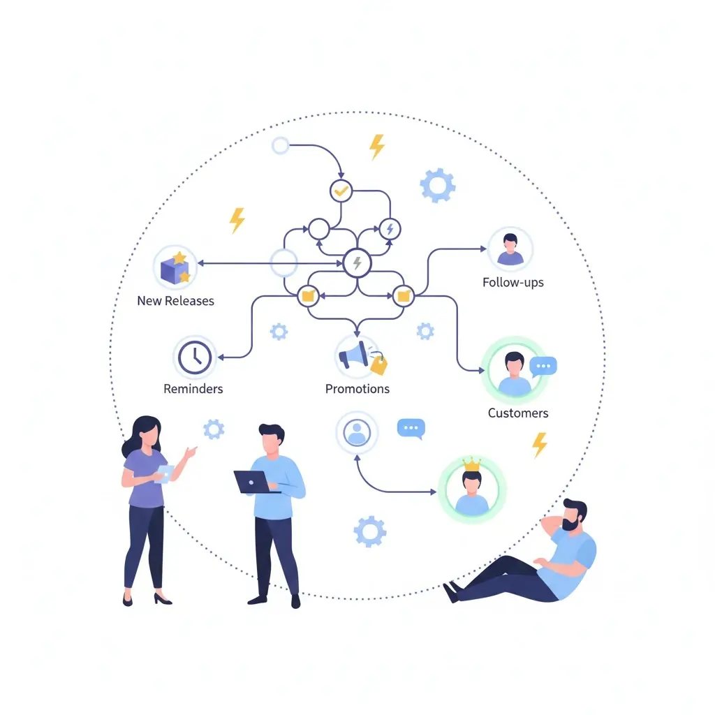 Calendar of automated emails and WhatsApp messages going out as part of an always-on sequence.