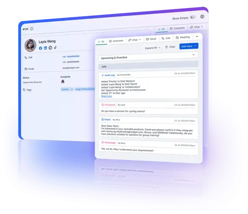 Detailed activity feed and website tracking in contact management for better insights.