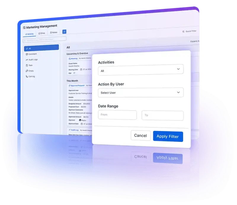 Activity view showing recent activities and updates to improve task tracking and reporting.