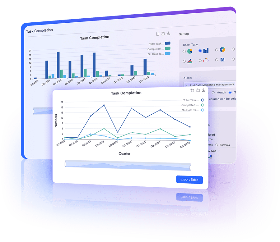 Bar, line, and scatter graphs showing trend analysis and complex data visualizations for analytics.