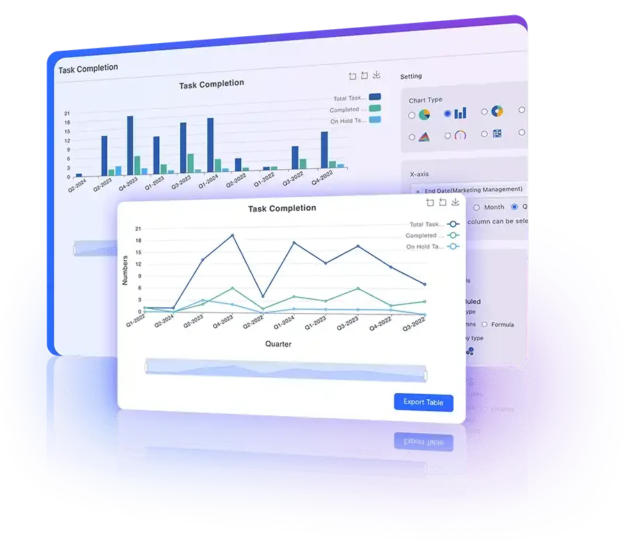 Bar, line, and scatter graphs showing trend analysis and complex data visualizations for analytics.
