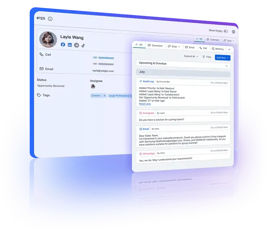 Comprehensive logs of emails, calls, meetings, and custom activities for efficient tracking and analysis.