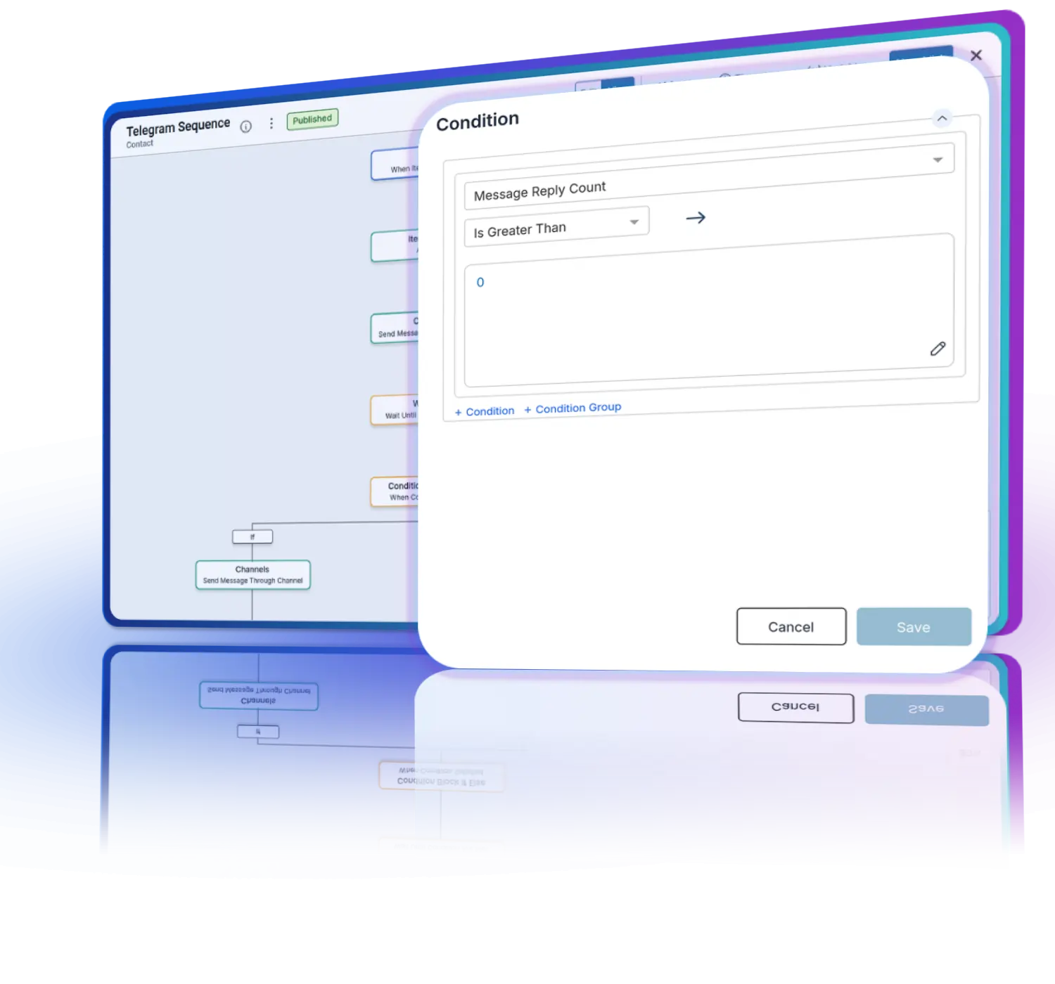 Branches in a drip campaign reacting differently to opens, replies, and non-opens.