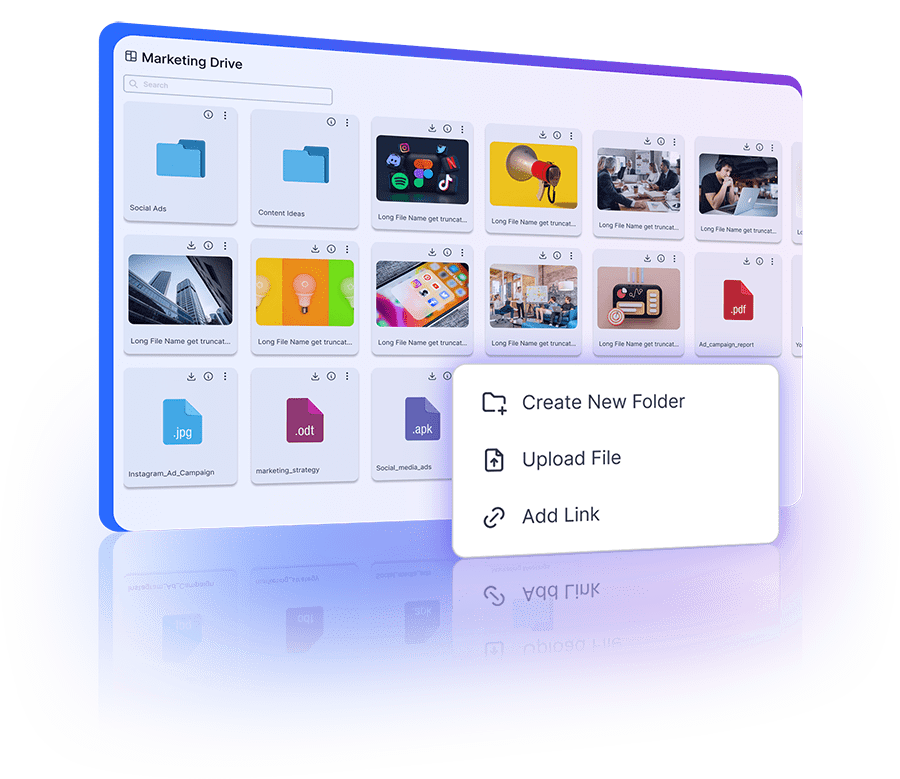 Integrated drive showcasing file uploads, folder structure, and customizable permissions.