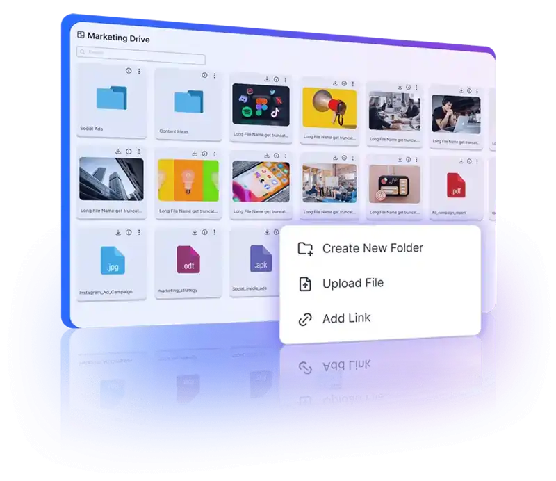 Integrated drive showcasing file uploads, folder structure, and customizable permissions.