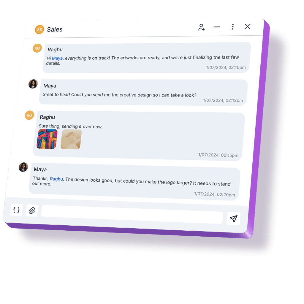 Internal Chats showcasing chat channels, tagging, and file-sharing features for efficient communication.