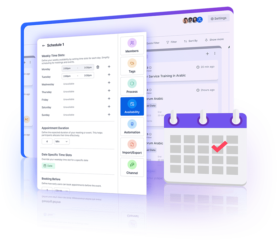 Manage scheduling availability with flexible time slots, lead time control, and buffer times easily.