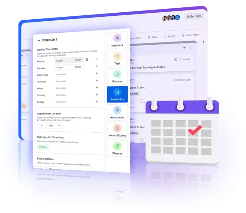 Manage scheduling availability with flexible time slots, lead time control, and buffer times easily.