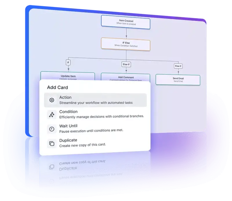 Visual builder for creating workflow tree diagrams, ensuring efficient and customizable automation setup.