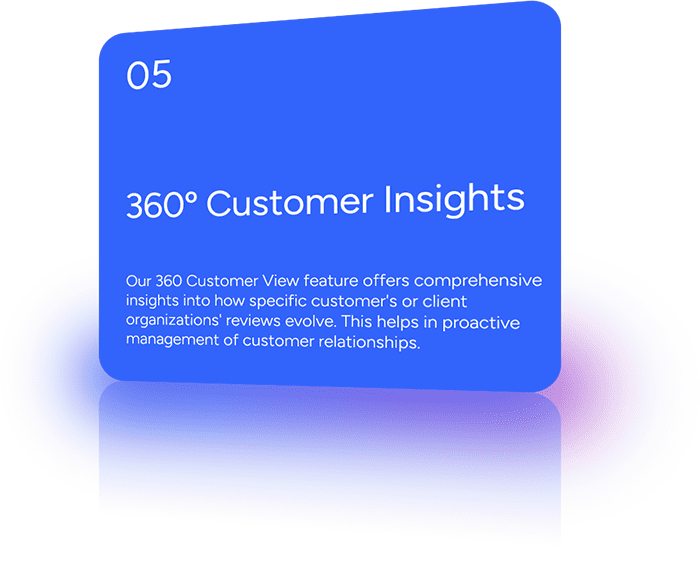 Our 360 Customer View feature offers comprehensive insights into how specific customer's or client organizations reviews evolve. This helps in proactive management of customer relationships.