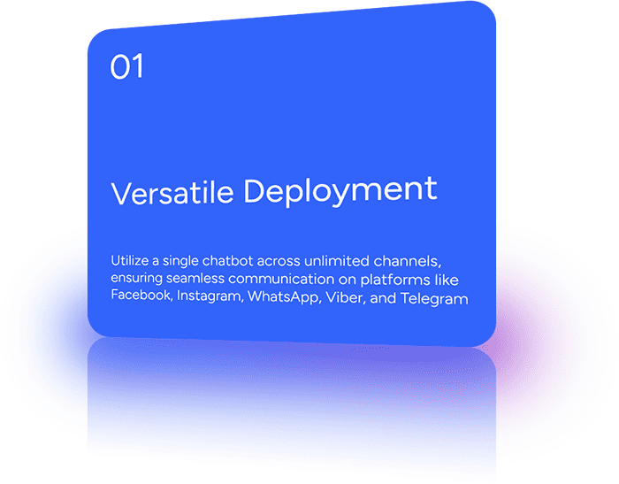 Utilize a single chatbot across unlimited channels, ensuring seamless communication on platforms like Facebook, Instagram, WhatsApp, Viber, and Telegram.