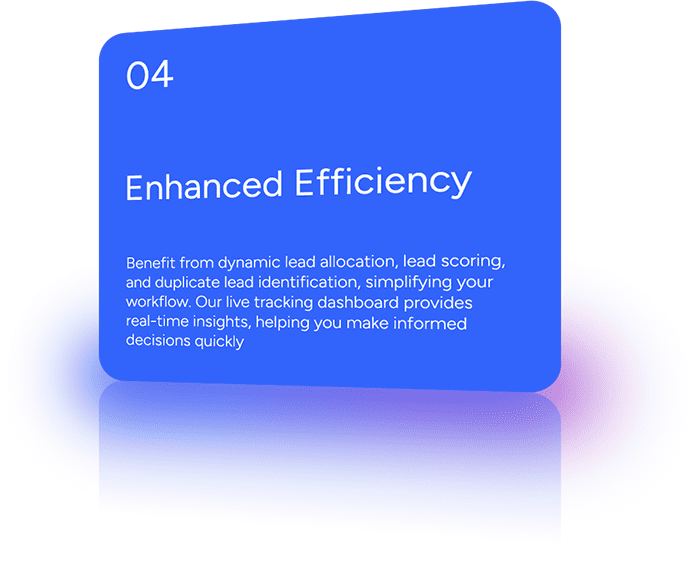 Benefit from dynamic lead allocation, lead scoring, and duplicate lead identification, simplifying your workflow. Our live tracking dashboard provides real-time insights, helping you make informed decisions quickly.