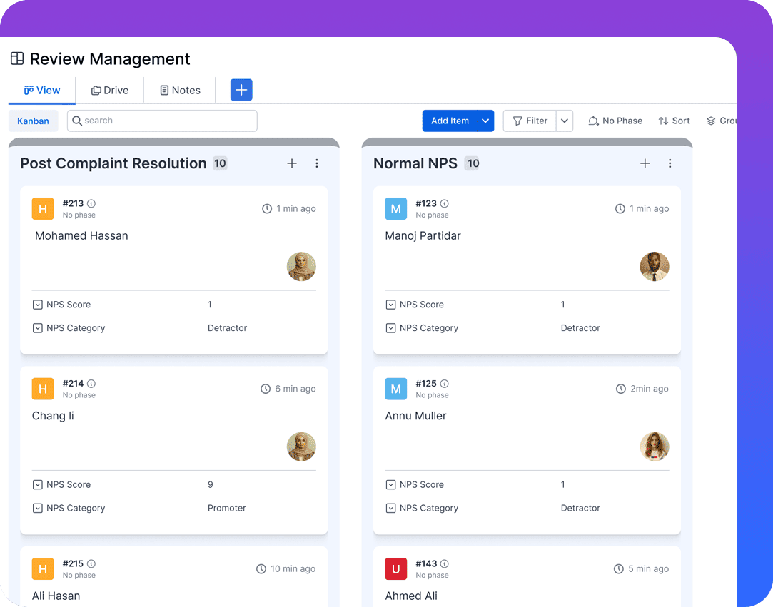 CRM interface showing separate streams for regular and post-complaint review collections.